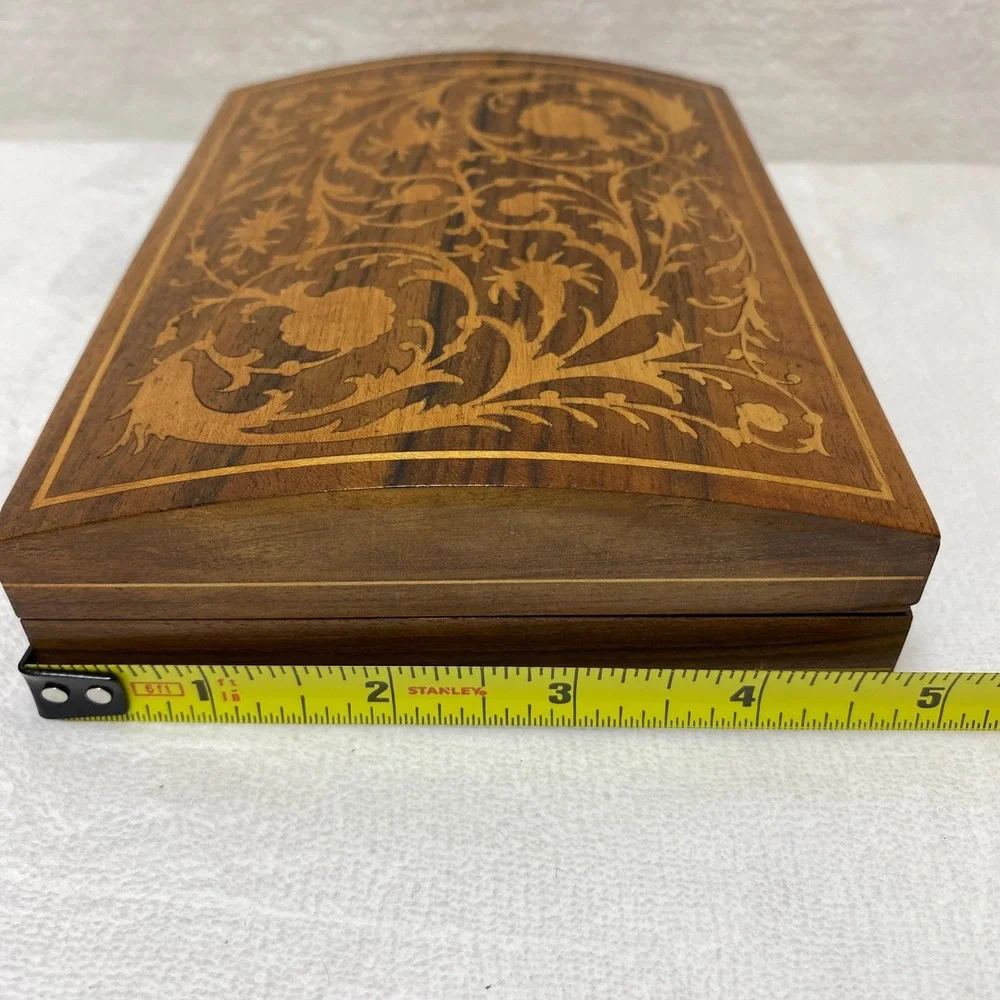 VTG Wooden Jewelry Trinket Box Intricate Floral Inlay Hinged Lidded Compartments